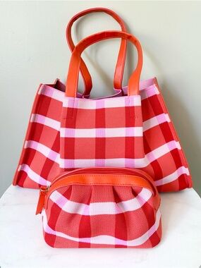 Neiman Marcus Poppy Red and Pink Plaid Tote with Matching Pouch